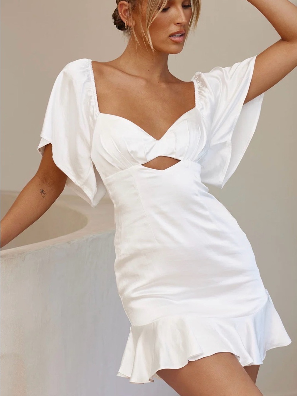 Selfie Leslie White Cutout Ruffle Mini Dress with Flutter Sleeves